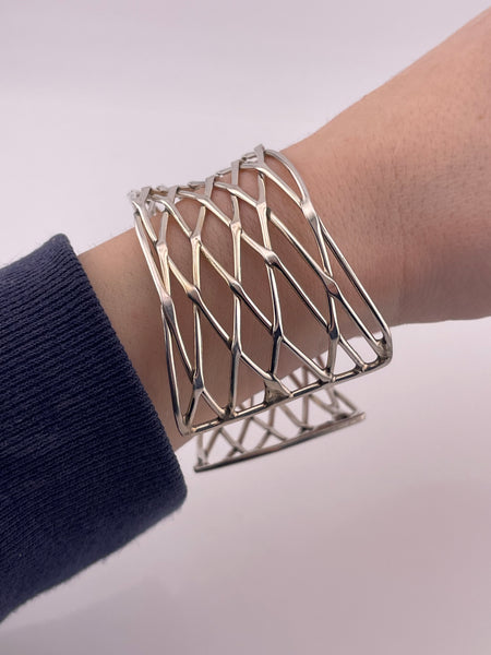 sterling silver stoneless basketweave cut-out wide cuff bracelet