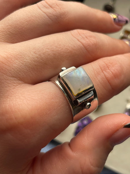 size 8.25 sterling silver rainbow moonstone wide band ring