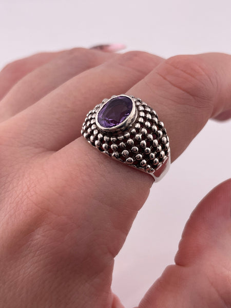 size 8.75 sterling silver dotted cut-out faceted amethyst ring