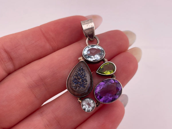 sterling silver faceted multi-stone druzy dublet pendant