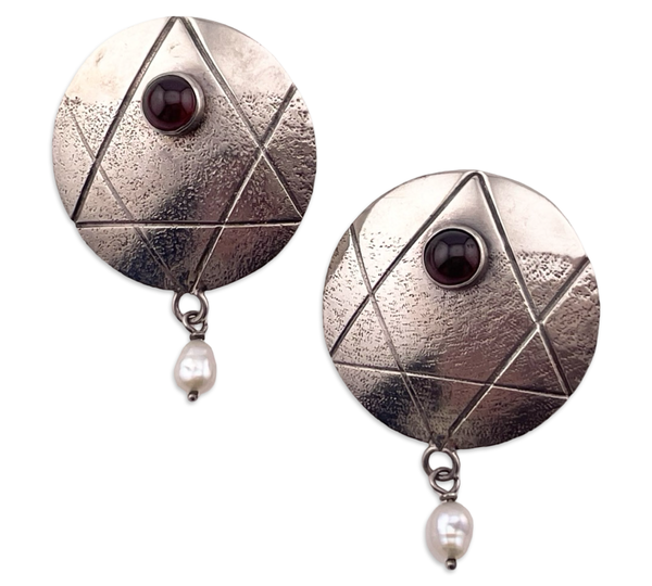 sterling silver garnet pearl Star of David textured post earrings