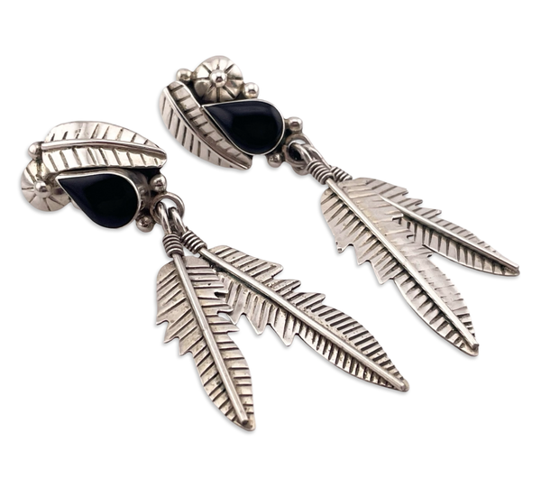 sterling silver 2-5/8" Mexican black resin feather post earrings