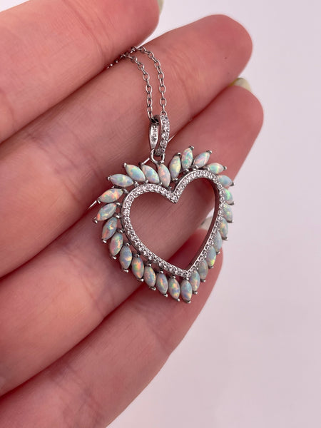 sterling silver lab opal CZ heart pendant necklace