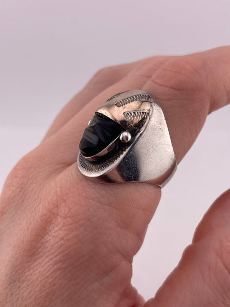 size 8.5 sterling silver gold wash carved gold flake obsidian ring