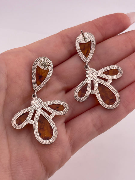 sterling silver synthetic amber post dangle earrings