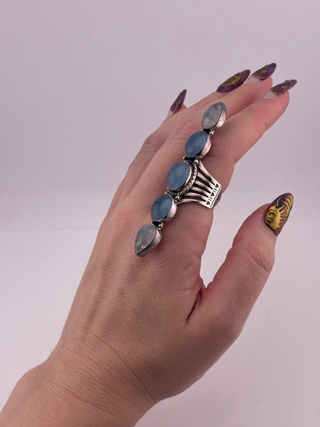 size 8 sterling silver 2-7/8" long blue quartz rainbow moonstone ring
