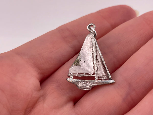 sterling silver rhodium plated etched sailboat pendant