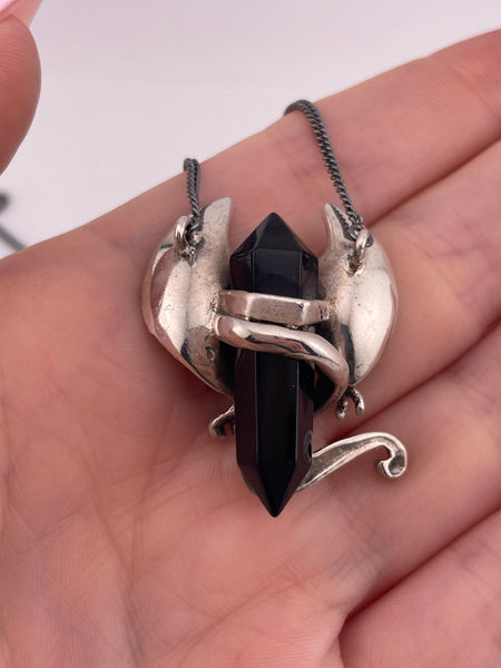 sterling silver 19-3/8" griffin onyx crystal point gun metal finish chain necklace