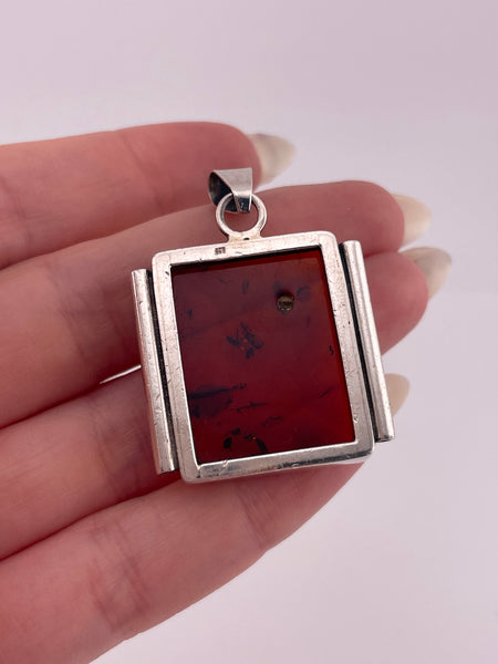sterling silver shaped amber rectangle pendant
