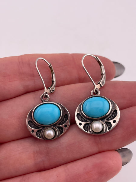 sterling silver synthetic turquoise and pearl lever-back hook dangle earrings