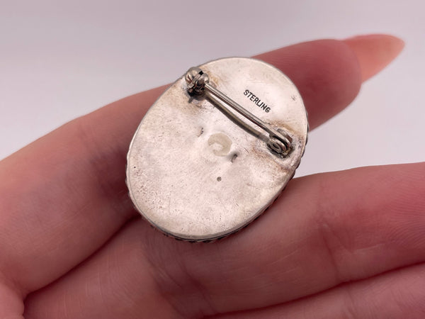 sterling silver oval agate brooch pin