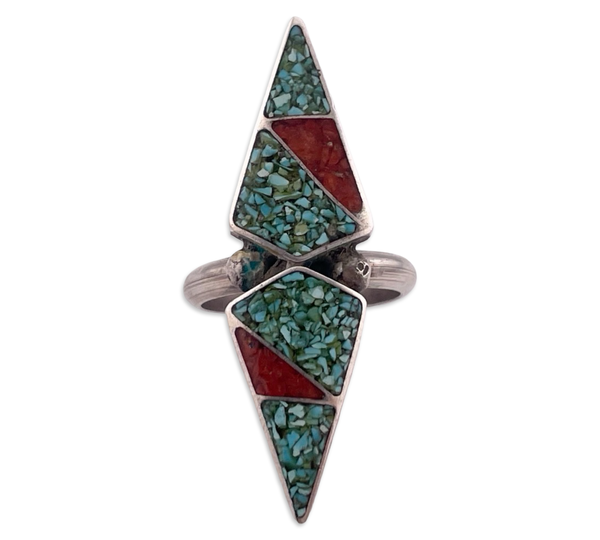 size 7.5 sterling silver 1-5/8" crushed turquoise coral ring