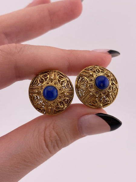 sterling silver gold plated filigree cut-out design lapis clip on earrings