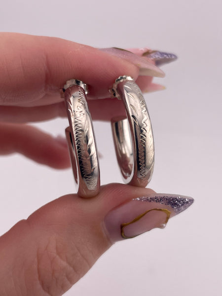 sterling silver 1" etched tube partial hoop post earrings