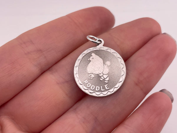 sterling silver rhodium plated etched poodle dog pendant