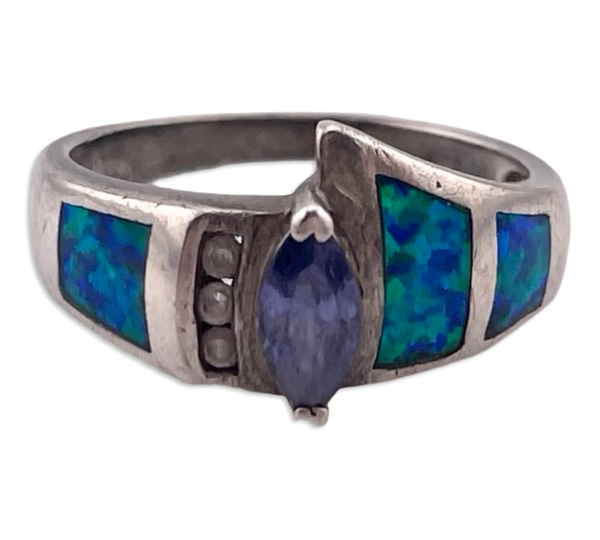 size 7.25 sterling silver faceted iolite opal simulant ring