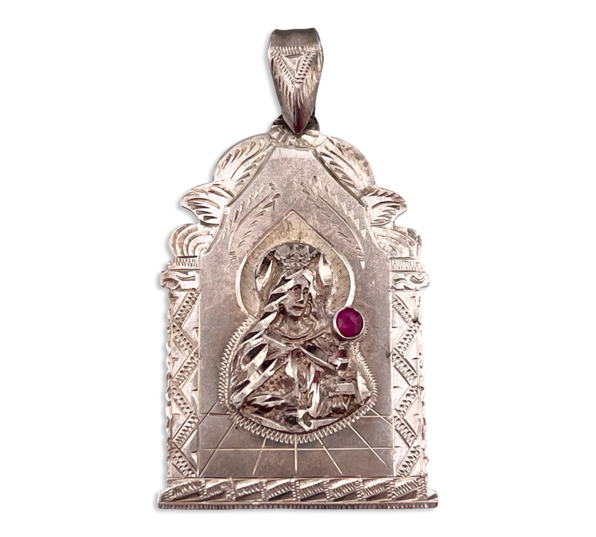 sterling silver St. Mary lab ruby pendant ***Chipped Stone***