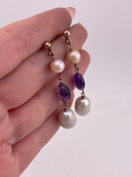 sterling silver gold wash pearl amethyst post earrings