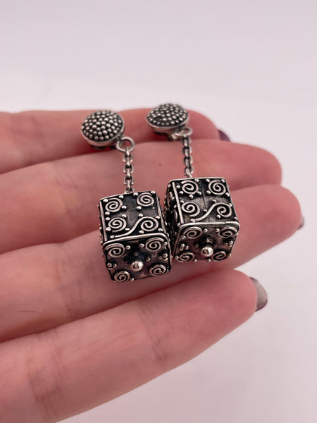 sterling silver stoneless cube chain pendulum post dangle earrings