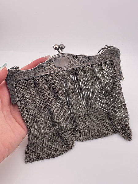 sterling silver 211 gram etched floral mesh purse bag