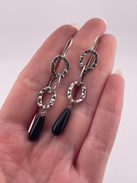 sterling silver black glass textured hook dangle earrings
