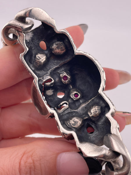 sterling silver chunky heavy skull lab ruby eyes link bracelet