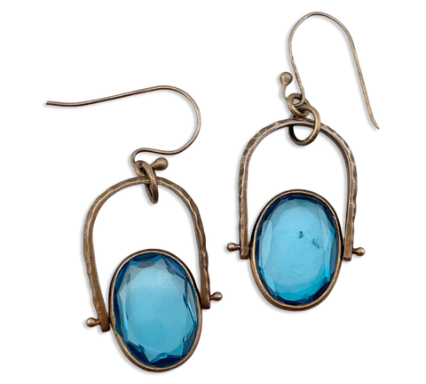 sterling silver gold wash hammered textured faceted blue glass earrings