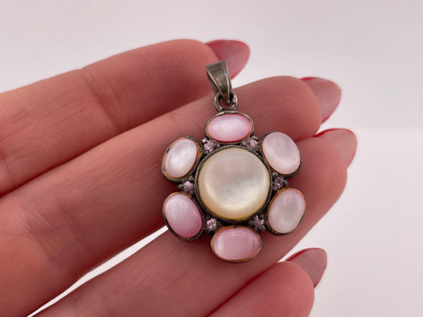 sterling silver white pink mother of pearl rhinestone pendant