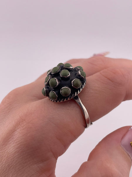 size 9 sterling silver Mexican green stone cluster adjustable band ring