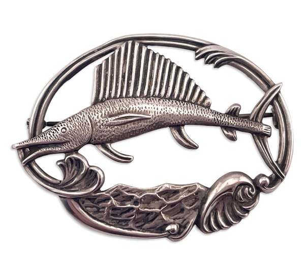 sterling silver pressed sailfish border brooch pin