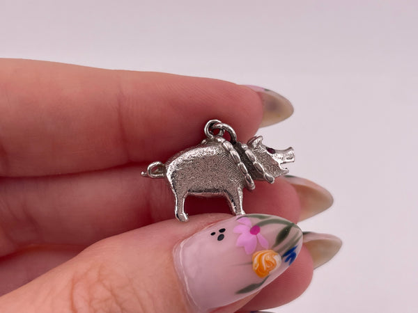 sterling silver rhodium plated solid pig red glass eyes pendant