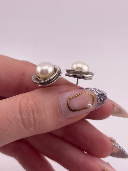 sterling silver faux pearl post earrings