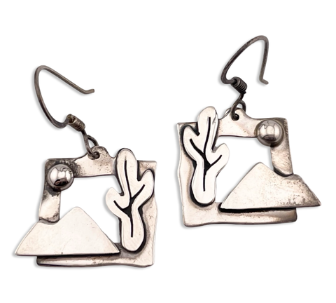 sterling silver cactus scene hook dangle earrings