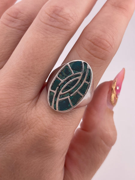 size 9.75 sterling silver chip turquoise hummingbird pattern ring