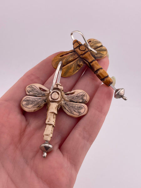 sterling silver large carved material dragonfly dangle earrings