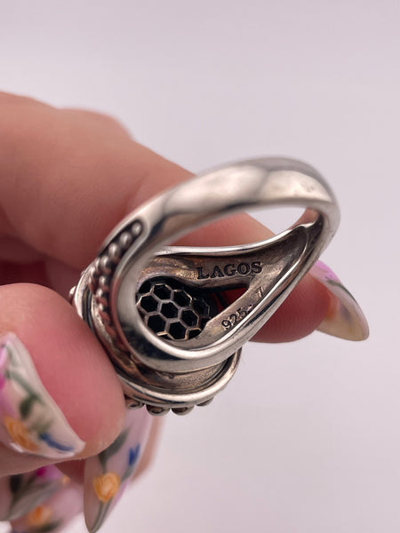 size 7 sterling silver designer Lagos Caviar Maya onyx circle ring