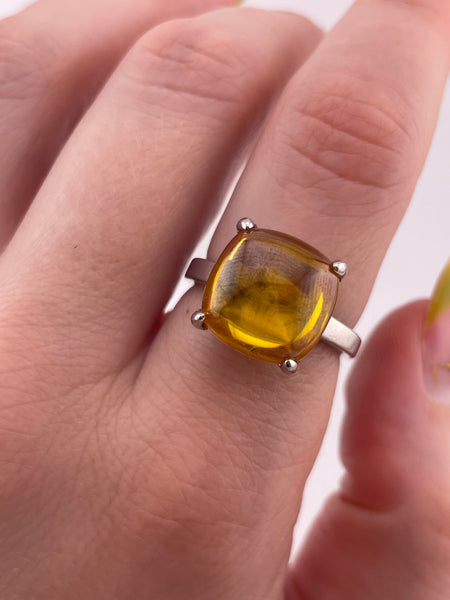 size 8 sterling silver rhodium plated orange glass ring