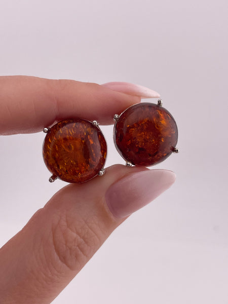 sterling silver round amber prong setting post earrings