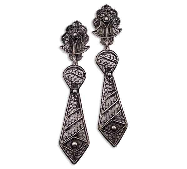 sterling silver large filigree clip on dangle earrings