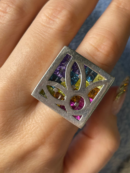 size 8.5 sterling silver chunky heavy colorful multi-gemstone ring