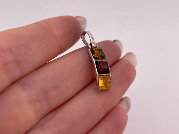 sterling silver tri-color amber curved pendant
