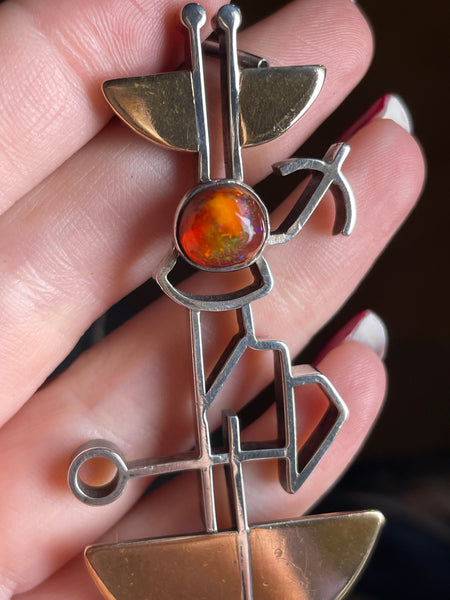 sterling silver & brass 18-1/4" artisan Mexican opal abstract necklace