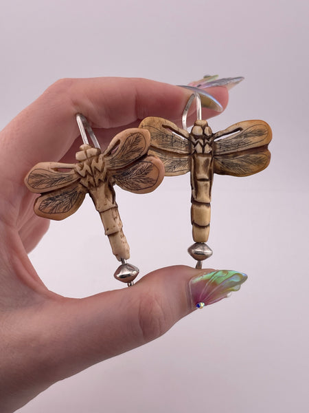 sterling silver large carved material dragonfly dangle earrings