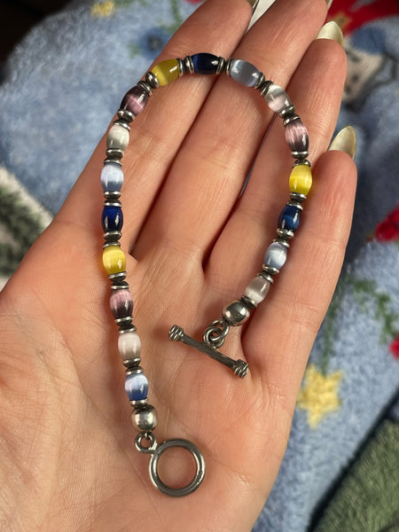 sterling silver 7 3/4" glass cat's eye toggle clasp link bracelet