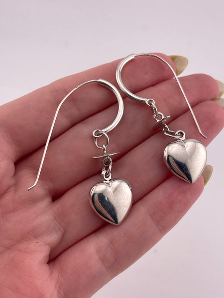sterling silver stoneless threader puffy heart dangle earrings