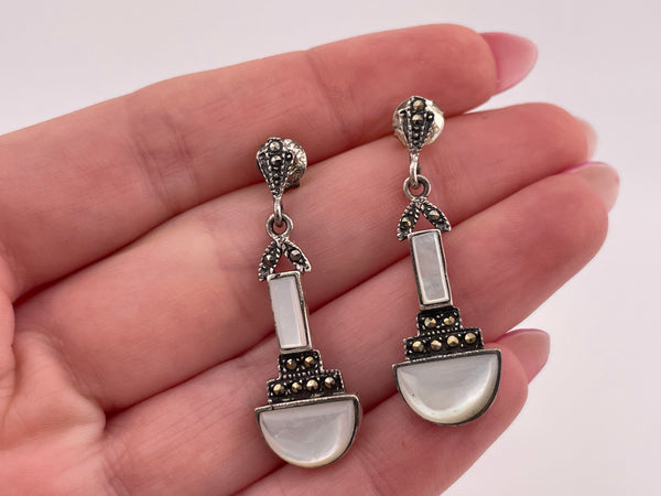 sterling silver Art Deco style marcasite & mother of pearl post dangle earrings