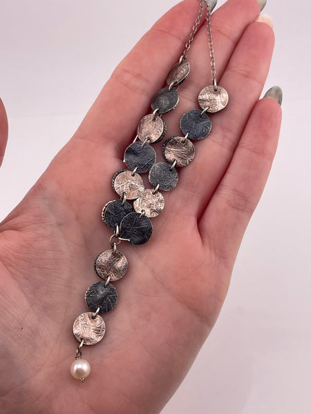 sterling silver textured circle lariat pearl necklace