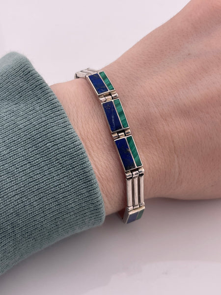 930 silver malachite & lapis link bracelet