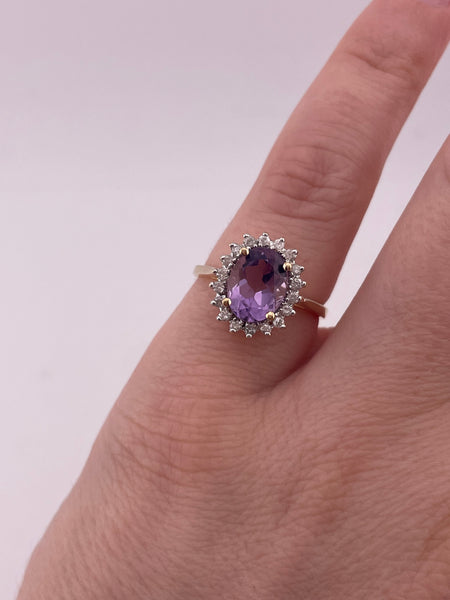 size 5.5 14k yellow gold faceted amethyst & diamond halo ring