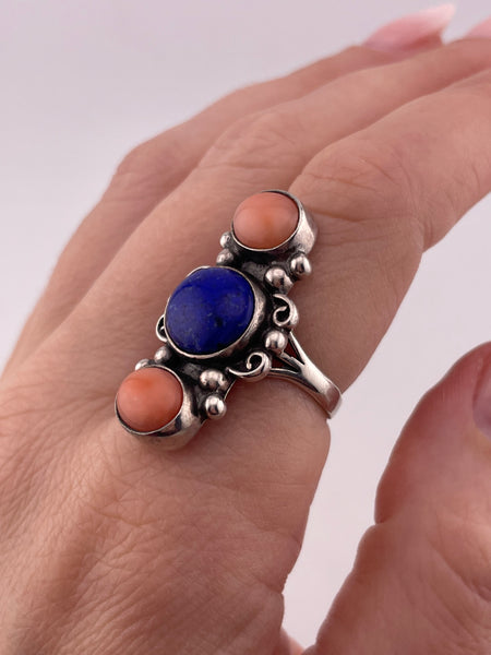 size 7.75 sterling silver lapis coral ring